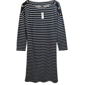 NWT TALBOTS $109 Navy Textured Knit Sweater Dress Large Petite Striped Nautical